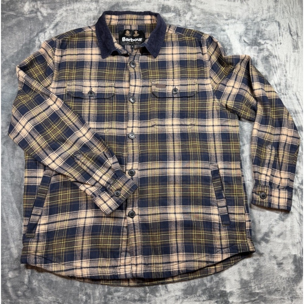 Barbour Mens L Plaid Flannel Overshirt Corduroy Collar AW22 100% Cotton